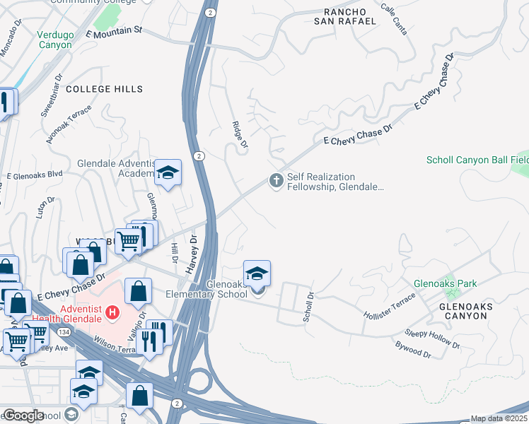 map of restaurants, bars, coffee shops, grocery stores, and more near 2146 East Chevy Chase Drive in Glendale