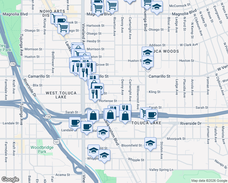map of restaurants, bars, coffee shops, grocery stores, and more near 10816 Blix Street in Los Angeles