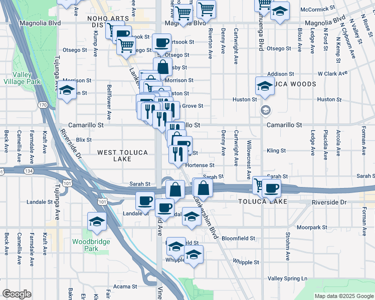 map of restaurants, bars, coffee shops, grocery stores, and more near 10864 Blix Street in Los Angeles