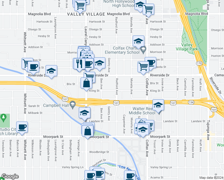 map of restaurants, bars, coffee shops, grocery stores, and more near 11935 Kling Street in Los Angeles