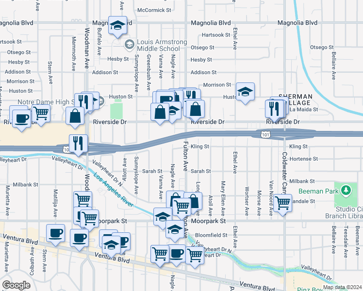 map of restaurants, bars, coffee shops, grocery stores, and more near 4702 Nagle Avenue in Los Angeles