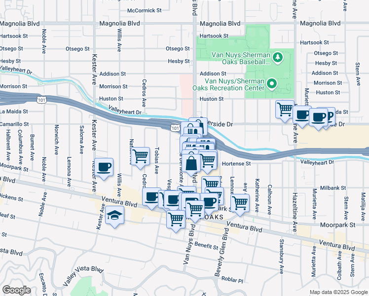 map of restaurants, bars, coffee shops, grocery stores, and more near 4717 Van Nuys Boulevard in Los Angeles