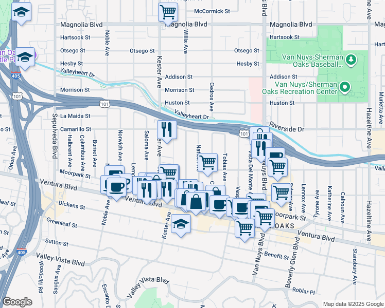 map of restaurants, bars, coffee shops, grocery stores, and more near 4750 Willis Avenue in Los Angeles