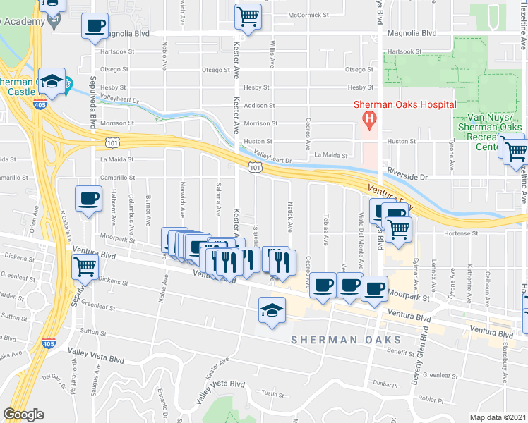 map of restaurants, bars, coffee shops, grocery stores, and more near 4724 Kester Avenue in Los Angeles