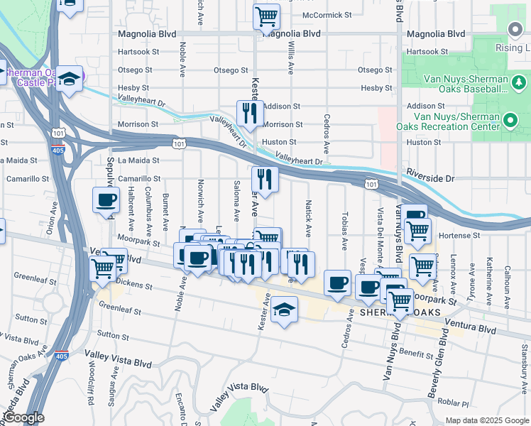 map of restaurants, bars, coffee shops, grocery stores, and more near 4724 Kester Avenue in Los Angeles