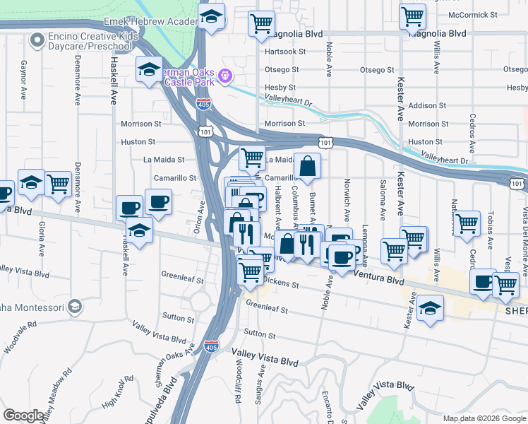 map of restaurants, bars, coffee shops, grocery stores, and more near 4724 Sepulveda Boulevard in Los Angeles