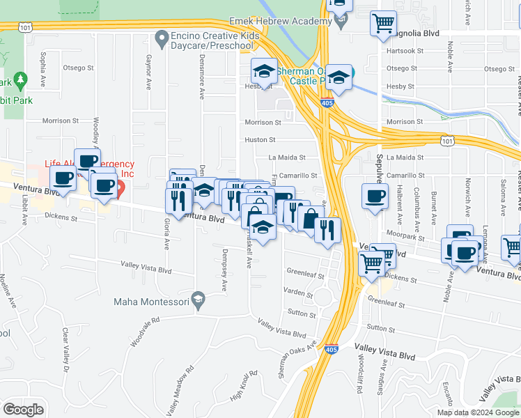 map of restaurants, bars, coffee shops, grocery stores, and more near 4711 Firmament Avenue in Los Angeles