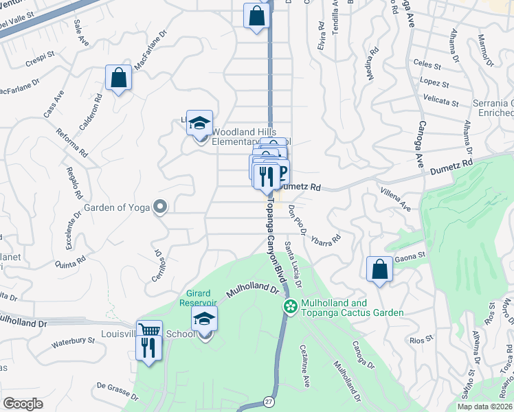 map of restaurants, bars, coffee shops, grocery stores, and more near 22018 Dumetz Road in Los Angeles
