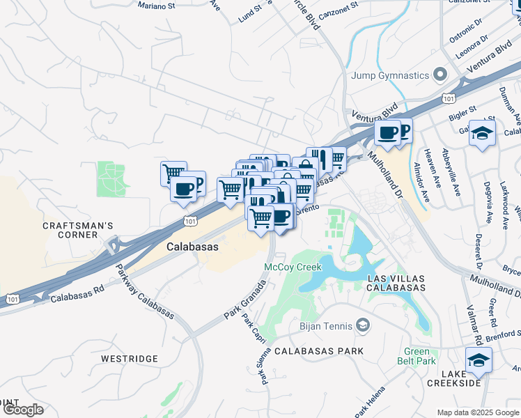 map of restaurants, bars, coffee shops, grocery stores, and more near 23635 Calabasas Road in Calabasas