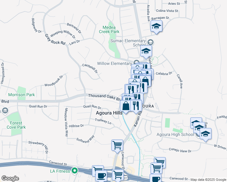 map of restaurants, bars, coffee shops, grocery stores, and more near 29301 Castlehill Drive in Agoura Hills