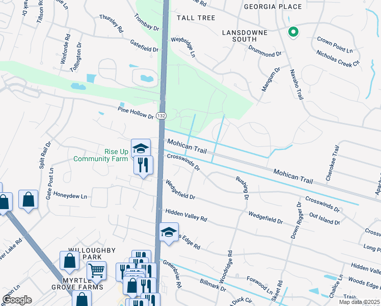 map of restaurants, bars, coffee shops, grocery stores, and more near 618 Mohican Trail in Wilmington