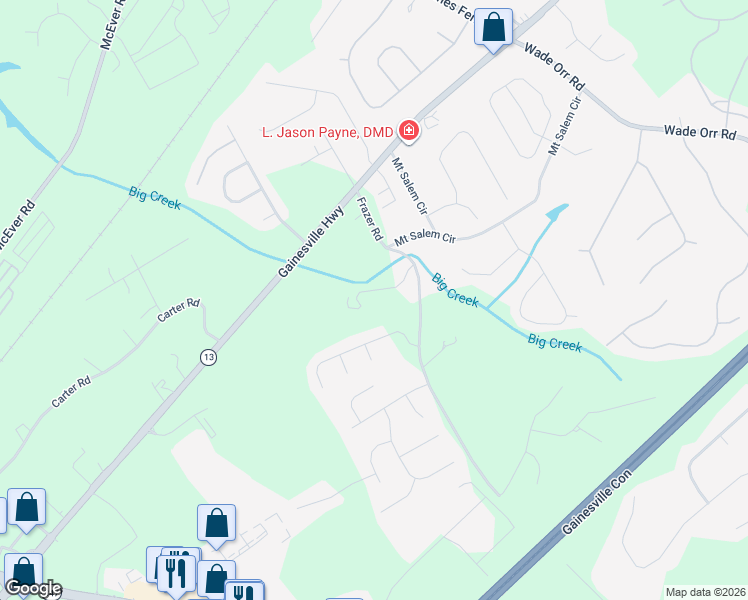 map of restaurants, bars, coffee shops, grocery stores, and more near 5416 Frazer Road in Buford