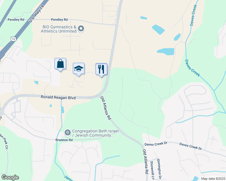 map of restaurants, bars, coffee shops, grocery stores, and more near 2345 Ronald Reagan Boulevard in Cumming