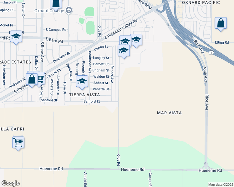 map of restaurants, bars, coffee shops, grocery stores, and more near 4821 Olds Road in Oxnard