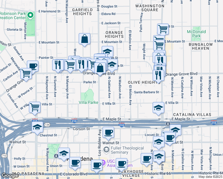 map of restaurants, bars, coffee shops, grocery stores, and more near 582 North Oakland Avenue in Pasadena