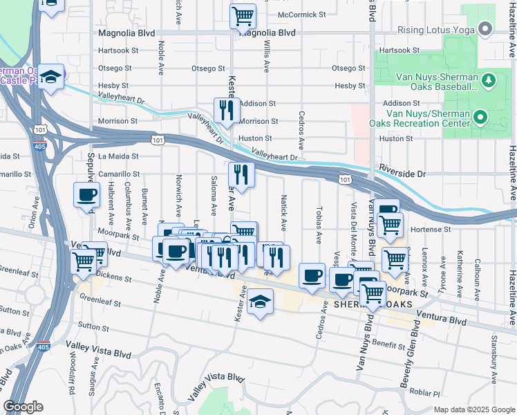map of restaurants, bars, coffee shops, grocery stores, and more near 4647 Willis Avenue in Los Angeles