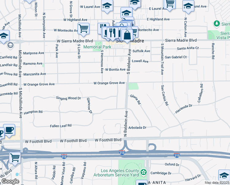 map of restaurants, bars, coffee shops, grocery stores, and more near 740 West Orange Grove Avenue in Arcadia