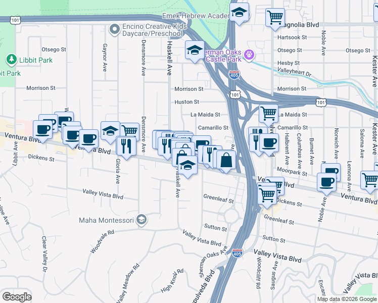 map of restaurants, bars, coffee shops, grocery stores, and more near 4711 Firmament Avenue in Los Angeles