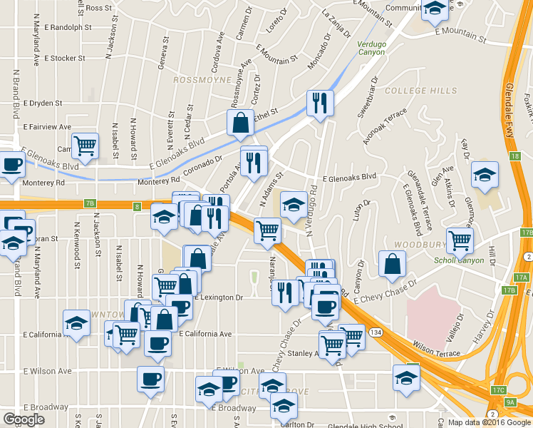 map of restaurants, bars, coffee shops, grocery stores, and more near 1005 Monterey Road in Glendale
