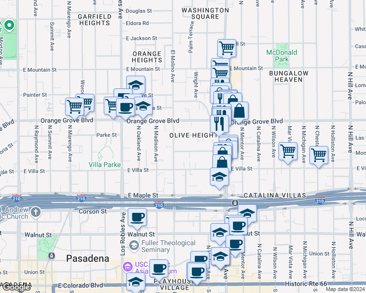 map of restaurants, bars, coffee shops, grocery stores, and more near 693 Santa Barbara Street in Pasadena