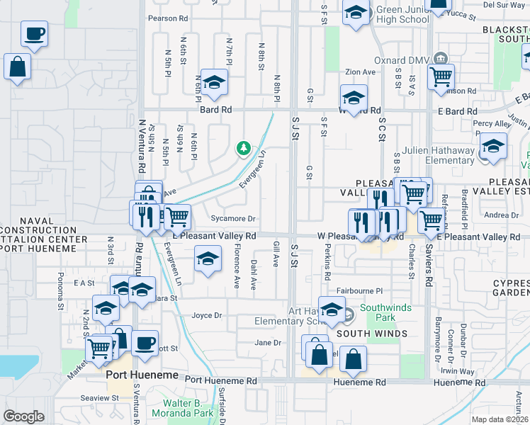 map of restaurants, bars, coffee shops, grocery stores, and more near 912 Maplewood Way in Port Hueneme