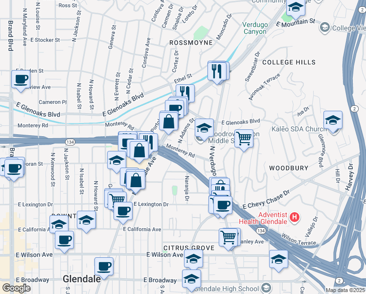map of restaurants, bars, coffee shops, grocery stores, and more near 1005 Monterey Road in Glendale