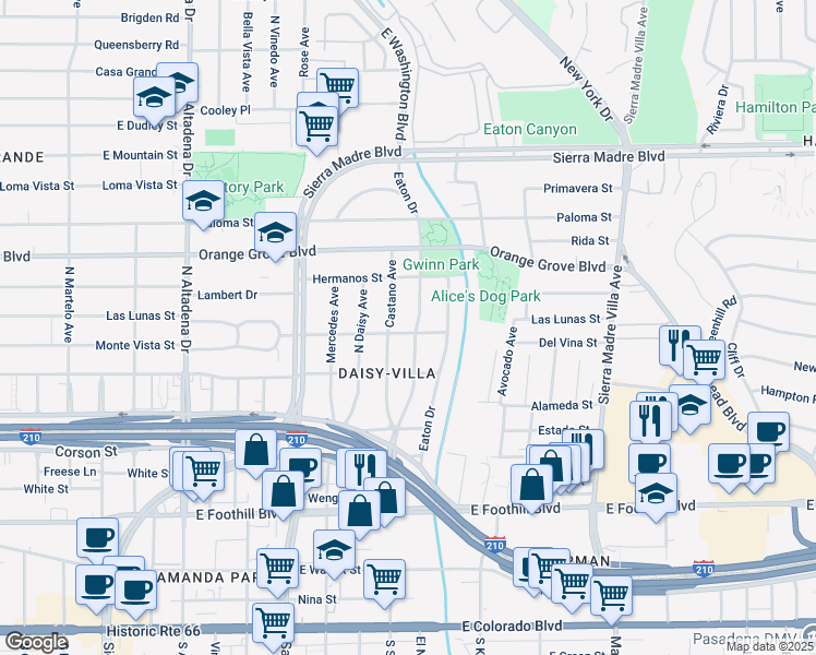 map of restaurants, bars, coffee shops, grocery stores, and more near 545 North Sunnyslope Avenue in Pasadena
