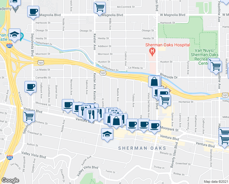 map of restaurants, bars, coffee shops, grocery stores, and more near 4655 Natick Avenue in Los Angeles