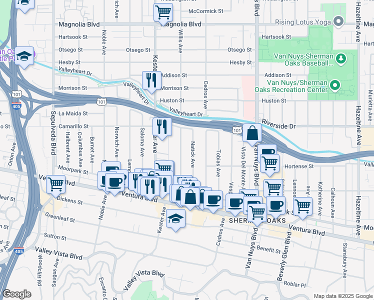 map of restaurants, bars, coffee shops, grocery stores, and more near 4655 Natick Avenue in Los Angeles