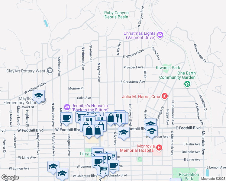 map of restaurants, bars, coffee shops, grocery stores, and more near 247 North Ivy Avenue in Monrovia