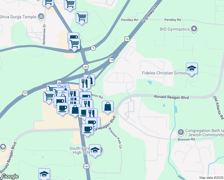 map of restaurants, bars, coffee shops, grocery stores, and more near 460 Access Road in Cumming