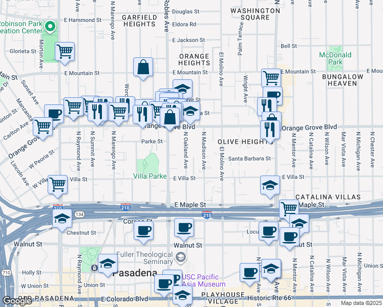map of restaurants, bars, coffee shops, grocery stores, and more near 582 North Oakland Avenue in Pasadena