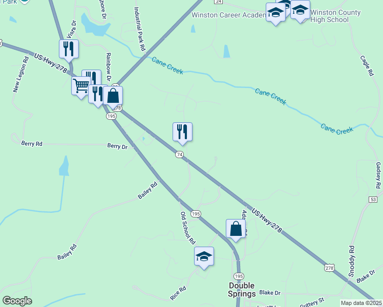 map of restaurants, bars, coffee shops, grocery stores, and more near 244 Old Cheatham Road in Double Springs
