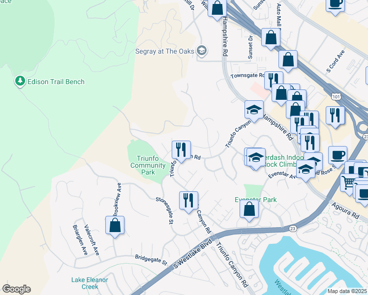 map of restaurants, bars, coffee shops, grocery stores, and more near 1984 Nettlebrook Street in Westlake Village