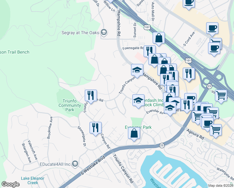 map of restaurants, bars, coffee shops, grocery stores, and more near 683 Triunfo Canyon Road in Westlake Village