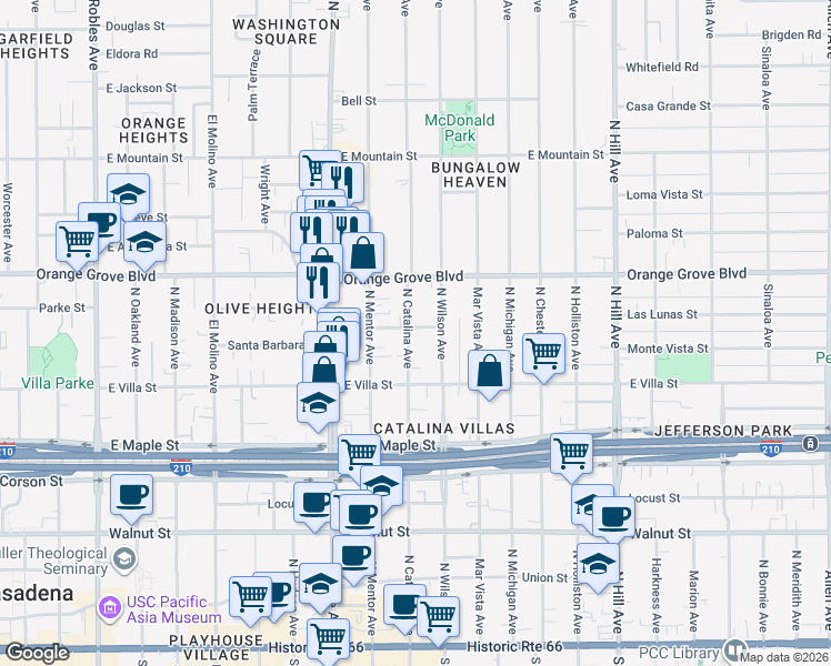 map of restaurants, bars, coffee shops, grocery stores, and more near 1032 Emerson Street in Pasadena