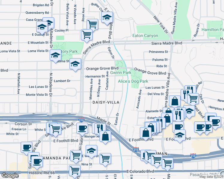 map of restaurants, bars, coffee shops, grocery stores, and more near 545 North Sunnyslope Avenue in Pasadena