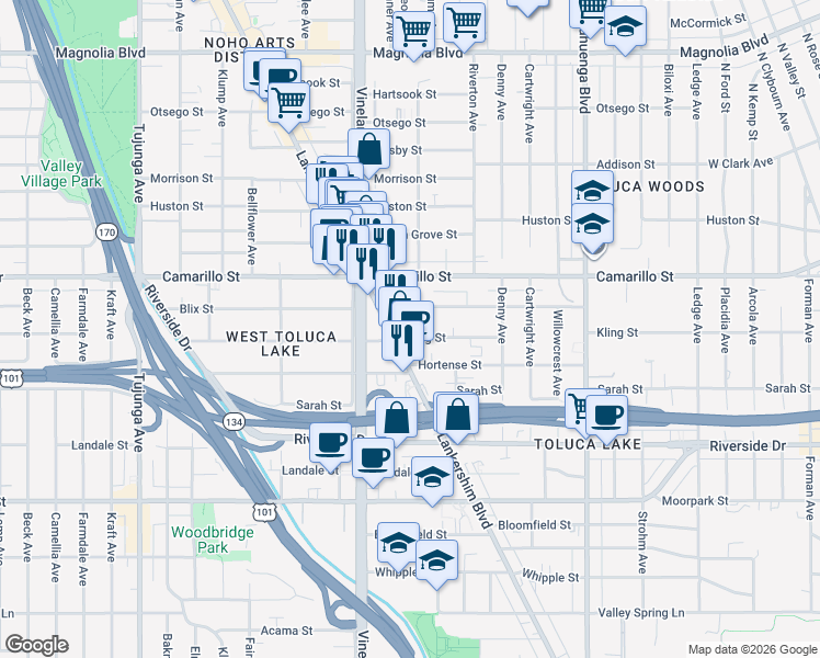 map of restaurants, bars, coffee shops, grocery stores, and more near 10875 Kling Street in Los Angeles