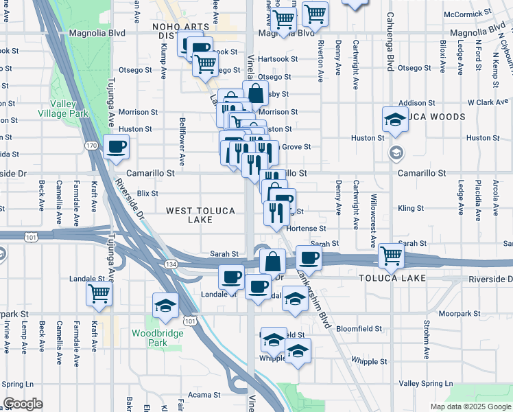 map of restaurants, bars, coffee shops, grocery stores, and more near 4750 Lankershim Boulevard in Los Angeles