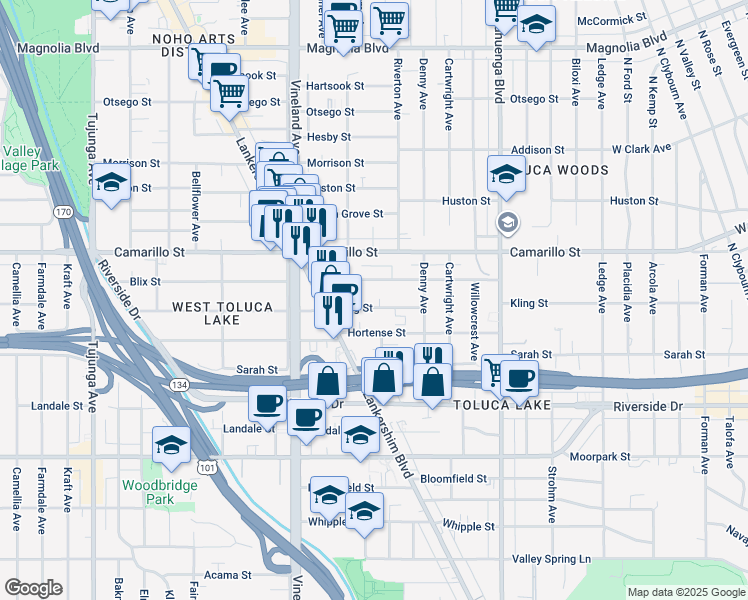 map of restaurants, bars, coffee shops, grocery stores, and more near 10816 Blix Street in Los Angeles