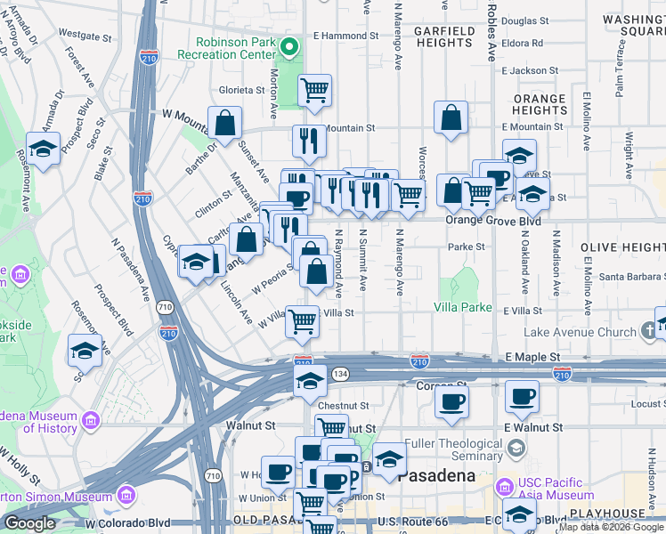 map of restaurants, bars, coffee shops, grocery stores, and more near 587 North Raymond Avenue in Pasadena