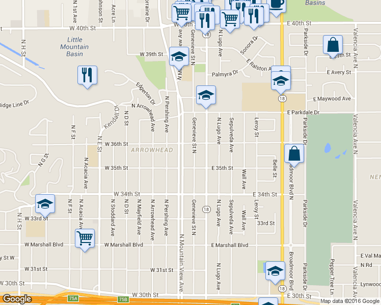 map of restaurants, bars, coffee shops, grocery stores, and more near 3568 Genevieve Street North in San Bernardino