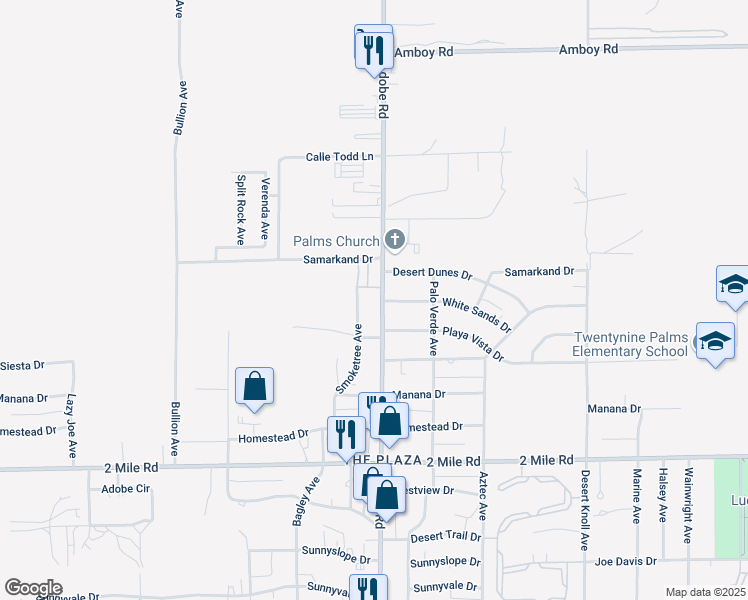 map of restaurants, bars, coffee shops, grocery stores, and more near 5318 Adobe Road in Twentynine Palms