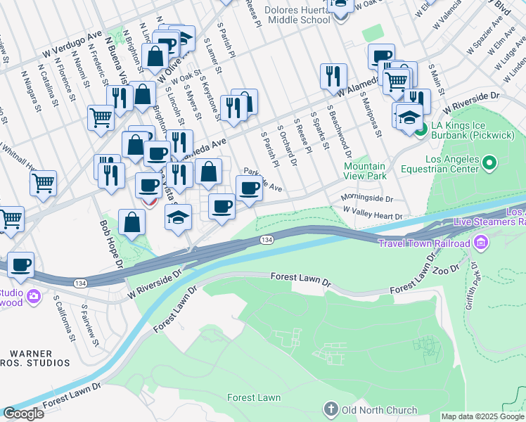 map of restaurants, bars, coffee shops, grocery stores, and more near 2014 West Riverside Drive in Burbank