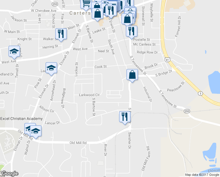 map of restaurants, bars, coffee shops, grocery stores, and more near 43 Lenox Park Avenue in Cartersville
