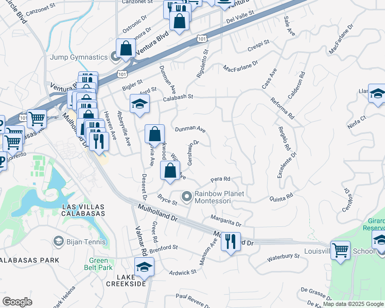 map of restaurants, bars, coffee shops, grocery stores, and more near 22914 Gershwin Drive in Los Angeles