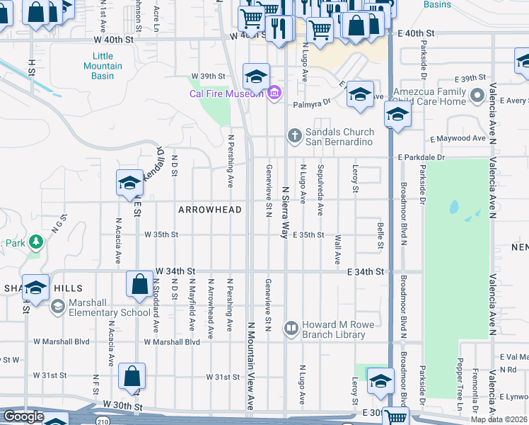map of restaurants, bars, coffee shops, grocery stores, and more near 3568 Genevieve Street North in San Bernardino
