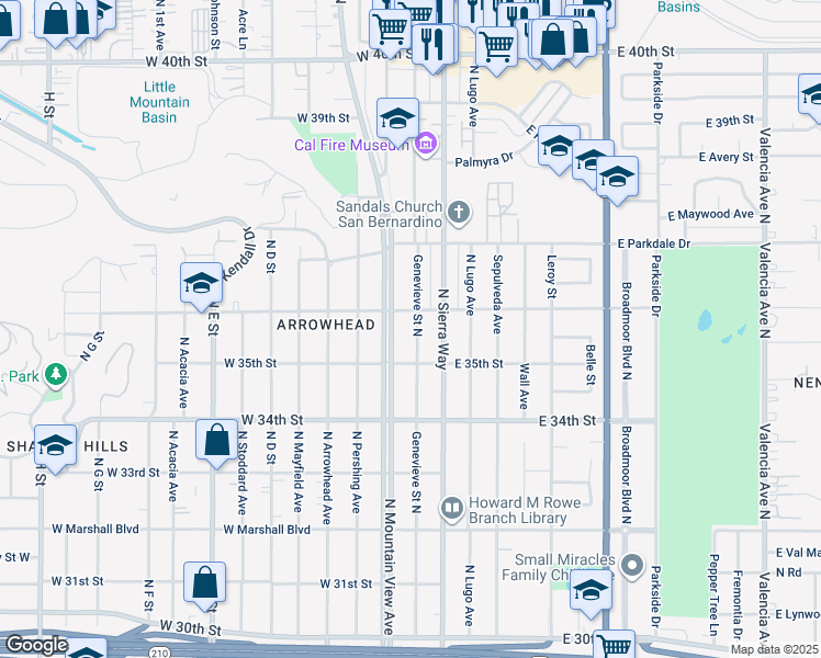 map of restaurants, bars, coffee shops, grocery stores, and more near 3568 Genevieve Street North in San Bernardino