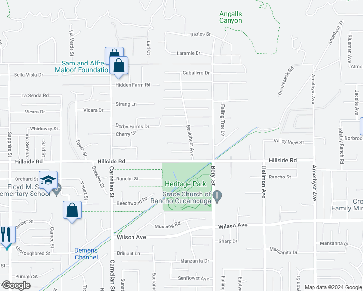 map of restaurants, bars, coffee shops, grocery stores, and more near 8979 Camellia Court in Rancho Cucamonga