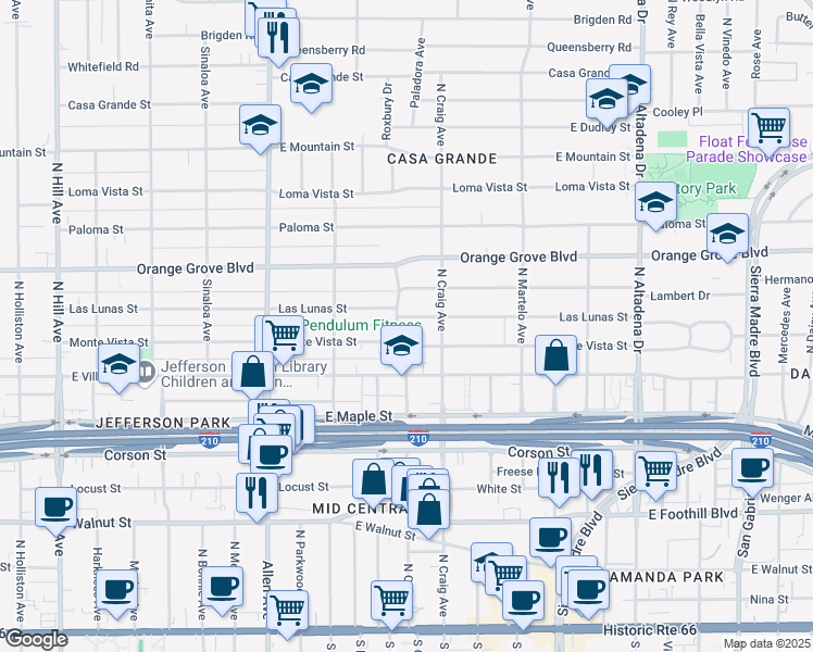 map of restaurants, bars, coffee shops, grocery stores, and more near 2074 Las Lunas Street in Pasadena